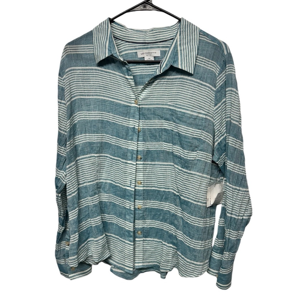 2/$20   Liz Claiborne Women's PXL Blue Striped Long Sleeve Button-Up Shirt